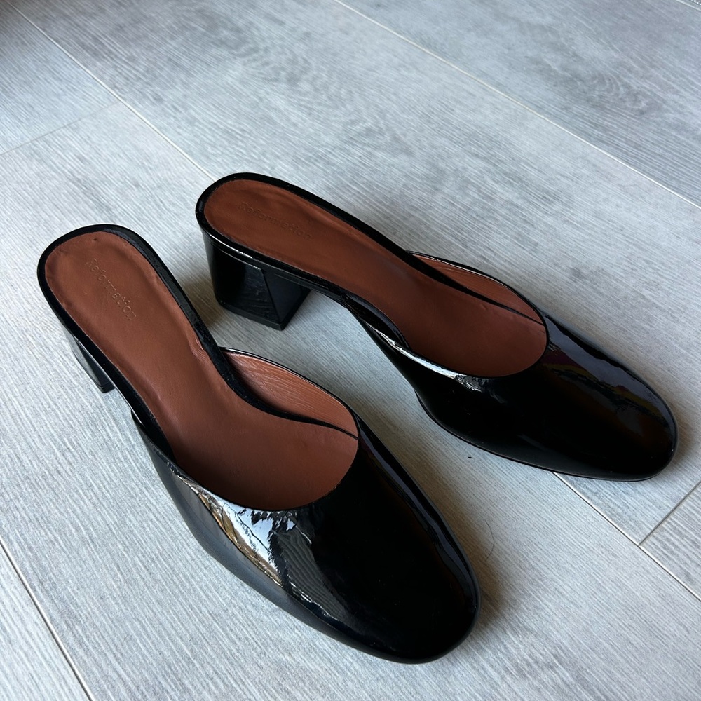 Reformation Black Patent Mules